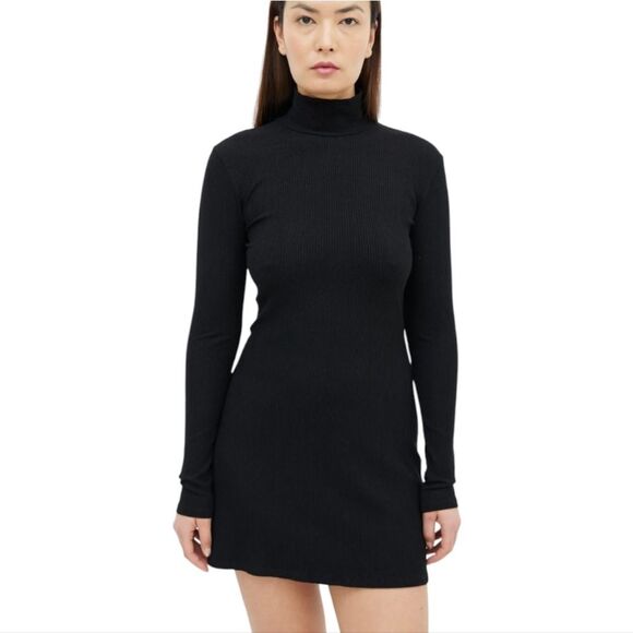 Reformation -739 Women's Black Rib Turtleneck Short Dress Long Sleeve‎ XS - Picture 2 of 11